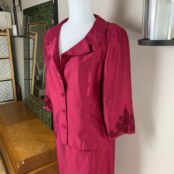 Talbots Size 14 Skirt Suit Blazer Jacket Pure Silk Burgundy Wine Formal Holiday - Picture 3 of 10